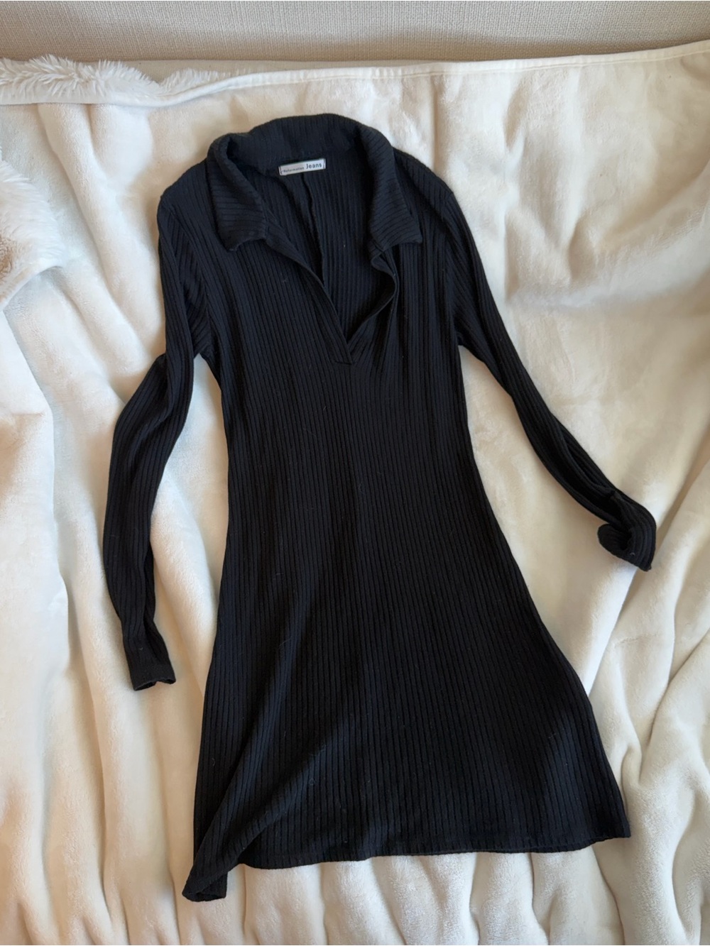 Reformation Black Ribbed Long-Sleeve Polo Dress